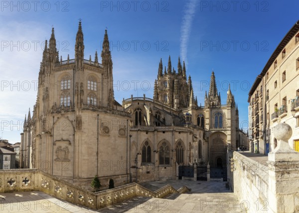 Burgos, Spain, 14 April, 2024: view of the French Gothic landmark Cathedral of Saint Mary in downtown Burgos, Europe
