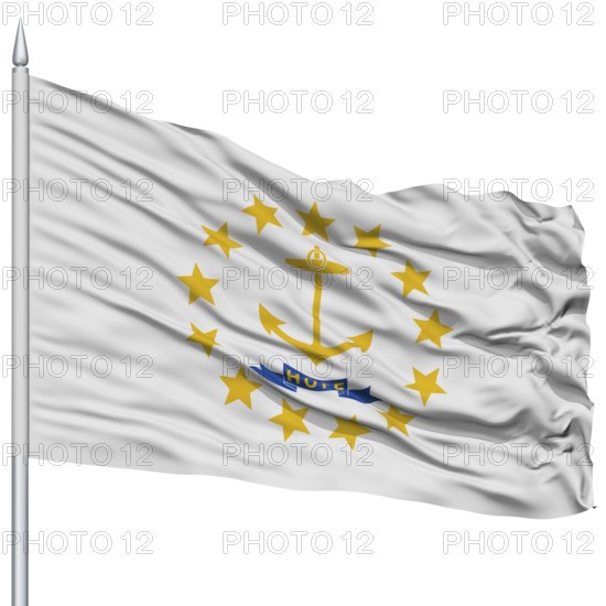 Isolated Rhode Island Flag on Flagpole, USA state, Flying in the Wind, Isolated on White Background