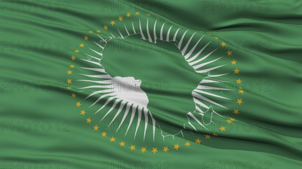 Nahaufnahme der Flagge der Afrikanischen Union, die im Wind weht, hohe Auflösung