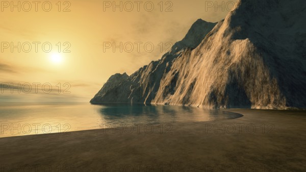 Beautiful fantasy landscape sunset scenery 3D illustration
