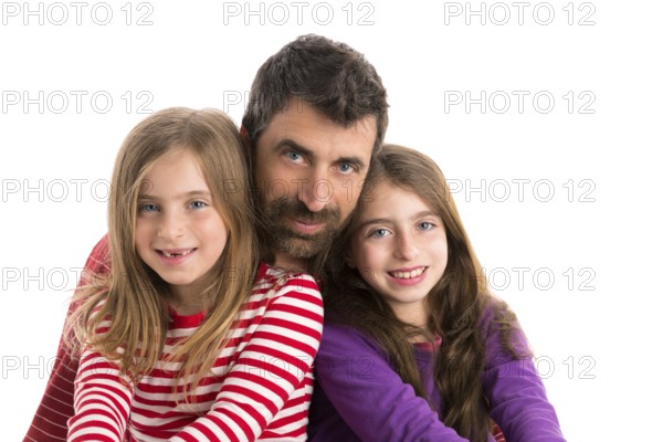 Happy family beard father and two kid daughters blue eyes on white background