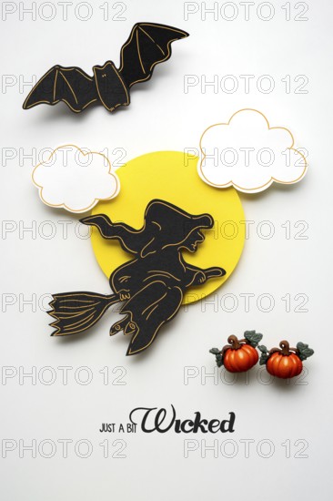 Creative Halloween concept photo of a witch made of paper on a white background