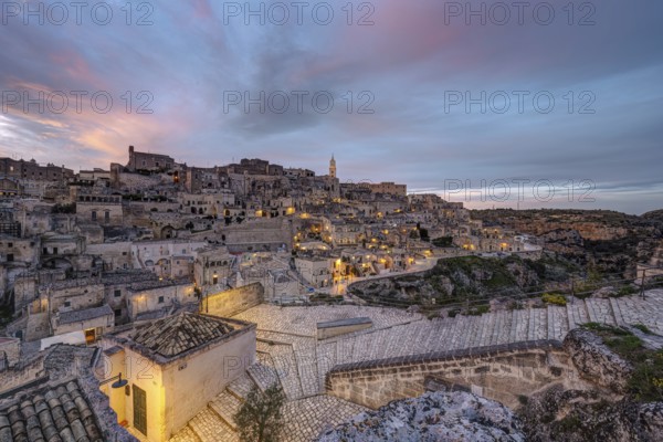 The historic old town centre of Matera in southern Italy at dusk