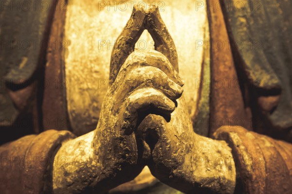 Buddha Statue, Concept of Zen, Spirituality, Peace. Hands gesture, texture light