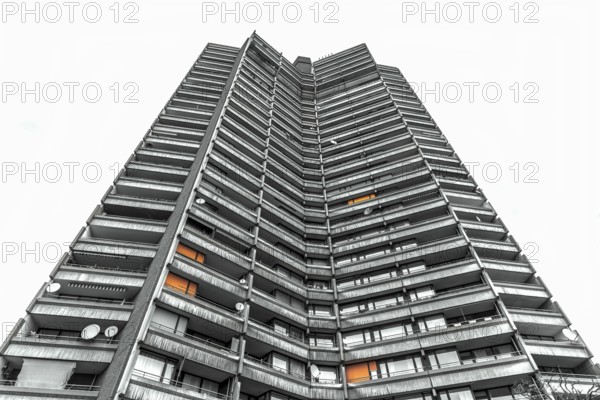 Low angle view with a skyscraper tower, black and white