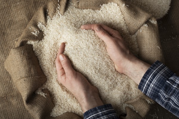 Human hands holding handful of rice over burlap sack