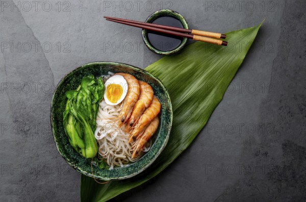Food, Asian rice noodles with shrimps on gray background