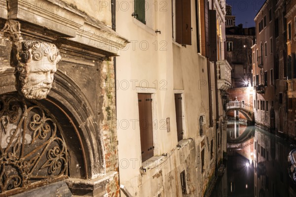 Old buildings and canal, night shot, Venice, Italy, Europe
