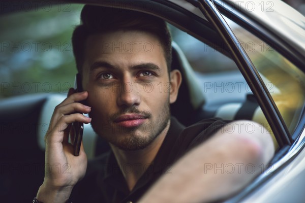 Handsome man sit in the back seat of the car and use a phone