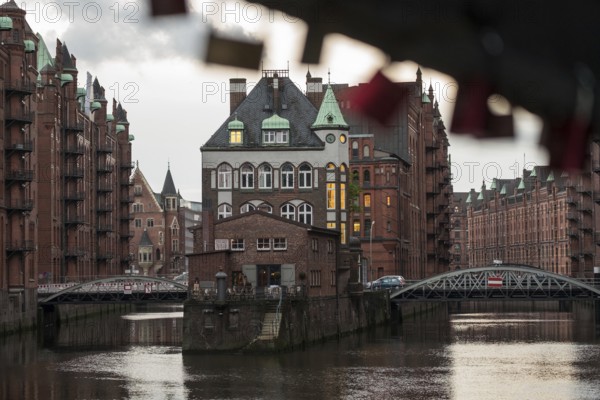 Love locks on a bridge in Hamburg's Speicherstadt warehouse district