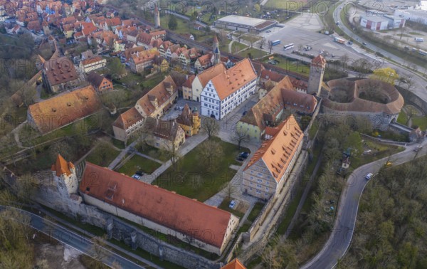 Aerial view of Spital, Spitalbastei, Spitalbastion, Stöberleinsturm, Reichsstadthalle, youth hostel, Rothenburg ob der Tauber, seen from the south in the early morning, district of Ansbach, Middle Franconia, Franconia, Free State of Bavaria, Germany, Europe