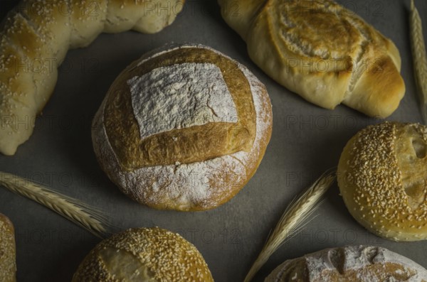 Beautiful Sourdough bread on gray background with dried wheat flower
