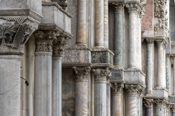 Venice, St Mark's Square (Piazza San Marco), St Mark's Basilica (Basilica di San Marco), columns and capitals of the west façade