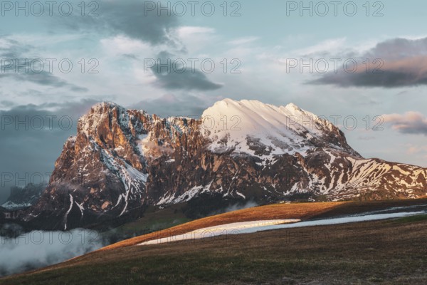 Panoramic view of the Langkofel Group from Seiser Alm in the Dolomites in South Tyrol, Italy, Europe