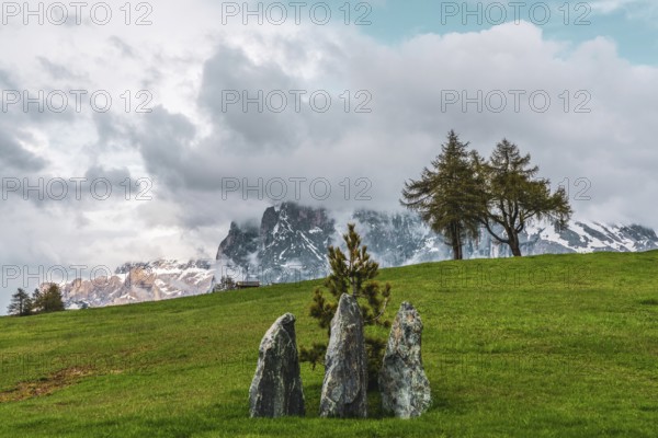 Panoramic view from the Seiser Alm to the Dolomites in South Tyrol, Italy, Europe