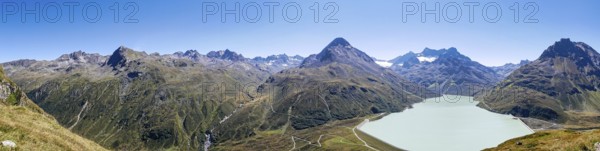 Panorama from the Bielerkopf to the Silvretta reservoir, Hohes Rad, Ochsental glacier and Piz Buin