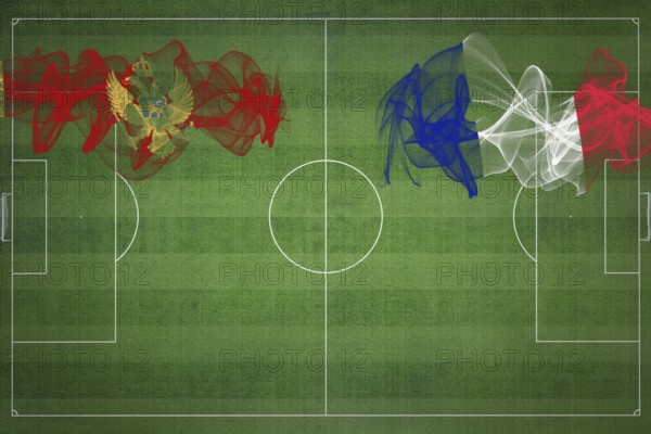 Montenegro vs France Soccer Match, national colors, national flags, soccer field, football game, Competition concept, Copy space
