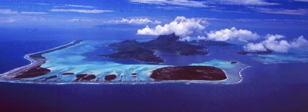 French Polynesia: The Helicopter flight and airshot from Bora Bora Island shows the beautifull lagoon