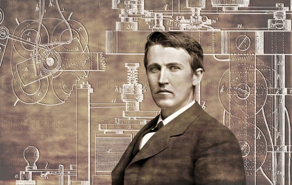 Thomas Alva Edison, 1847, 1931, American inventor, Telegraph Apparatus, Patented 1872, digitally edited according to a photography by Mathew Brady, 1878