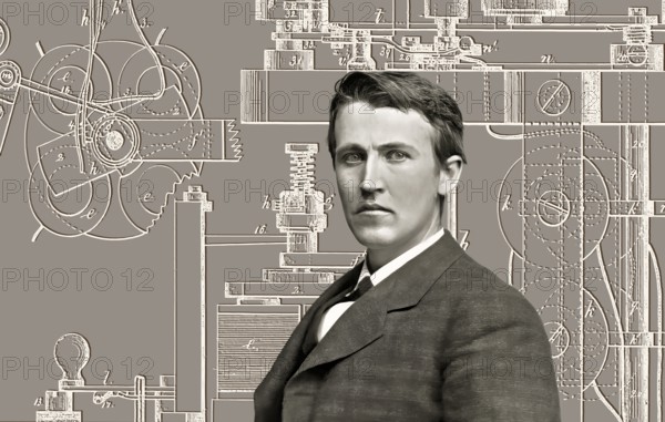Thomas Alva Edison, 1847, 1931, American inventor, Telegraph Apparatus, Patented 1872, digitally edited according to a photography by Mathew Brady, 1878