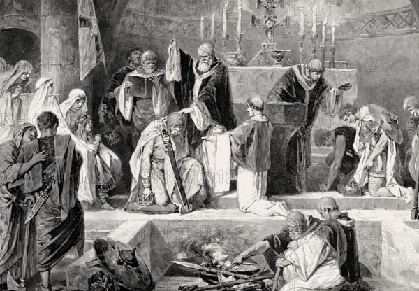 Saint Remigius baptizes Clovis I, King of the Franks, Abbey of Saint-Remi in Reims, on 25 December 496