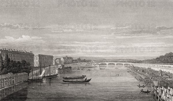 Pont Louis XVI, Pont de la Concorde, Paris, antique steel engraved print, 1831