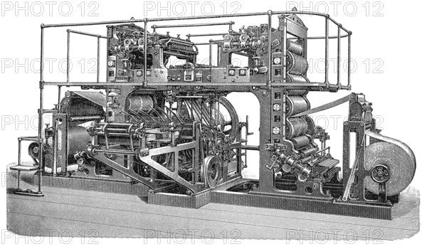 Historical illustration, 19th Century, 2 cylinder rotary printing press, Augsburg, Rotationsschnellpresse, zweifache oder Zwillings-Rotationsmaschine, Augsburg, historische Zeichnung, 19. Jahrhundert