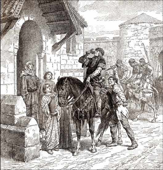 Illustration of the Assassination of Edward the Martyr or Eadweard, c. 962 - 978, king of the English from 975 until he was murdered in 978, die Ermordung