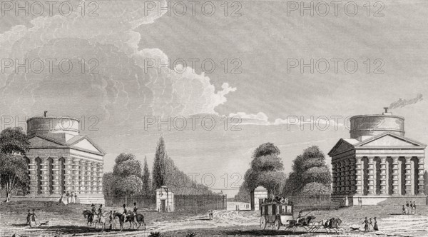 La barrière de l'Étoile, place de l'Étoile, antique steel engraved print, 1831