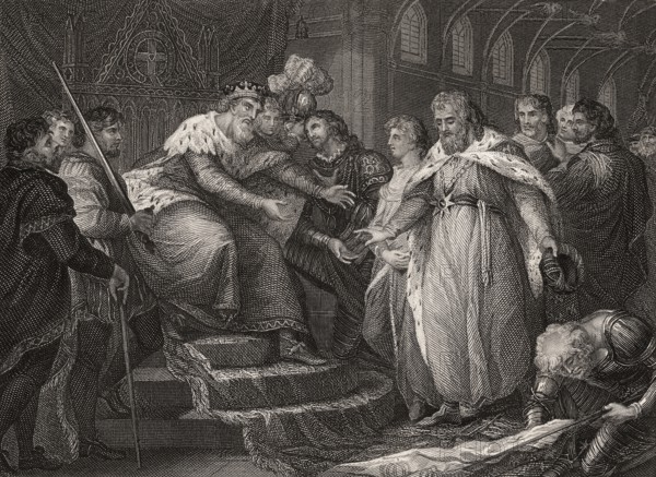 Edward, Prince of Wales, 1330-1376, presents the captive king John of France and his son to his father, Edward III