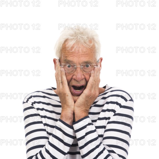 Scaring senior man with glasses isolated over white background