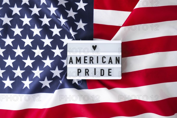 American flag. Lightbox with text AMERICAN PRIDE Flag of the united states of America. July 4th Independence Day. USA patriotism national holiday. Usa proud. Freedom concept