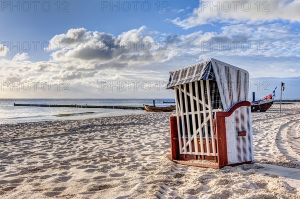 Beach chairs in the morning after sunrise in summer