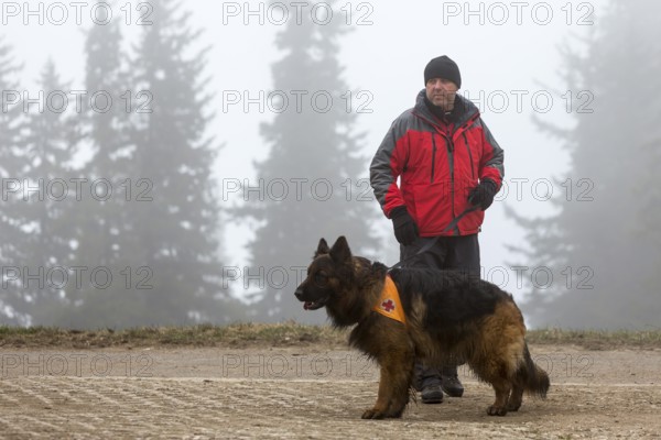 Sofia, Bulgaria - April 20, 2016: A man and his dog at the search and rescue team at Bulgarian Red Cross are participating in a training in the foggy mountain