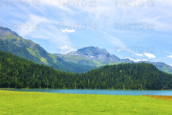 Beautiful Alpine Lake Silvaplana with Mountain View in the Swiss Alps in a Sunny Summer Day in Silvaplana, Maloja, Grisons, Switzerland, Europe