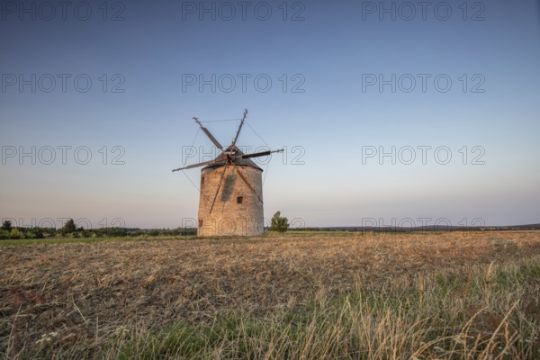 Windmill with wooden sails in a landscape with fields. Meadows and flowers appear in the sunset. Landscape shot in nature with a windmill. Historically atypical for the Balaton region in Hungary