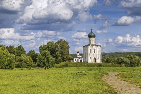 The Church of the Intercession of the Holy Virgin on the Nerl River is an Orthodox church and a symbol of medieval Russia. View from the field