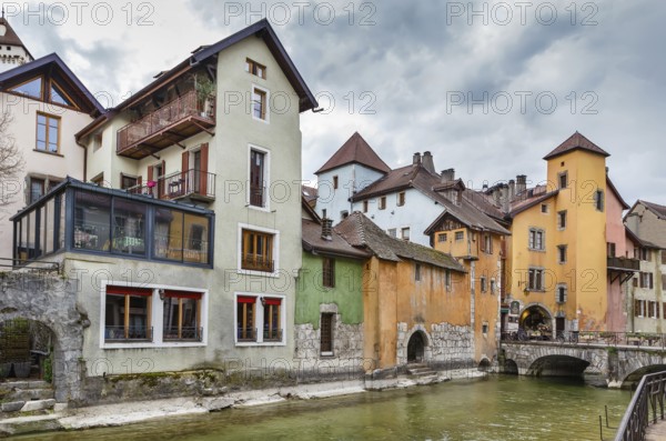 Historic houses along the Thiou river in Annecy old town, France, Europe