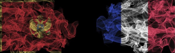 Flags of Montenegro and France on Black background, Montenegro vs France Smoke Flags
