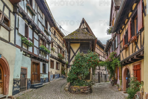Picturesque historical street in Eguisheim, Alsace, France, Europe