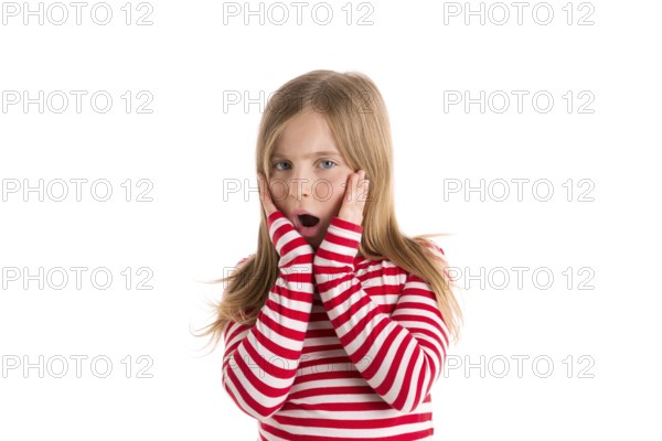 Blond kid girl sad surprised gesture expression gesture hands in face on white