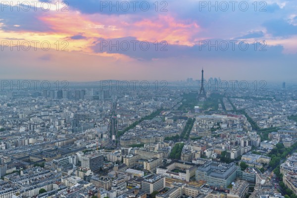 Paris France, high angle view sunset city skyline at Eiffel Tower view from Arc de Triomphe