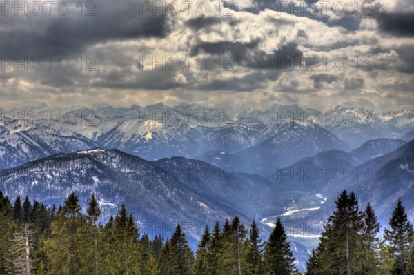 View from Seekarkreuz to Karwendel mountains, Germany, BRD, Mangfall mountains, Bavaria, Europe
