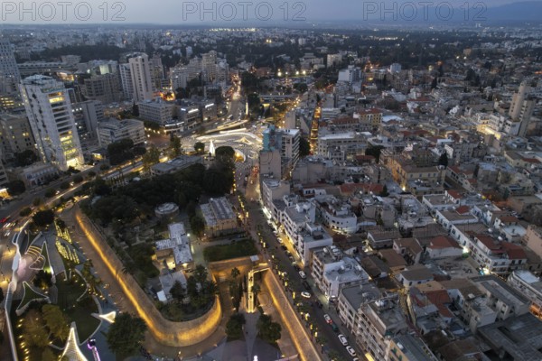 Aerial drone photograph of cityscape of Nicosia in Cyprus at sunset. European capital cities
