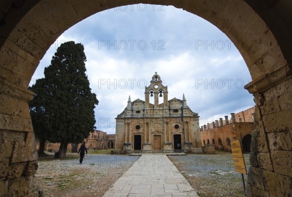Crete, Greece, April 4, 2015: Exterior view of the famous Arkadi Christian orthodox monastery near the city of Rethymnon in the island of Crete in Greece, Europe