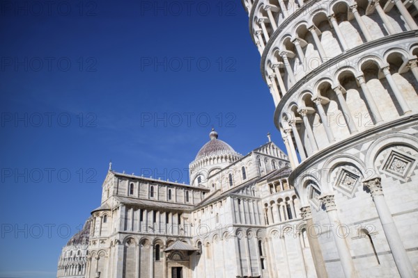 Architectural details of church and tower of the Piazza dei Miracoli in Pisa Tuscany Italy