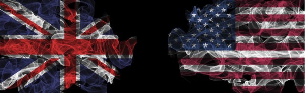 Flags of Union Jack and USA on Black background, Union Jack vs USA Smoke Flags