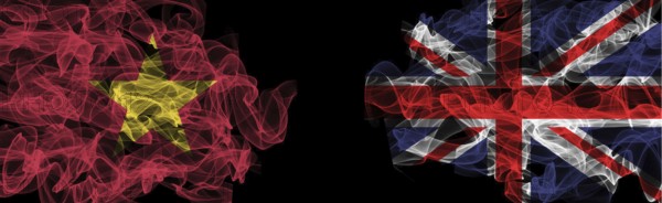Flags of Vietnam and United Kingdom on Black background, Vietnam vs United Kingdom Smoke Flags