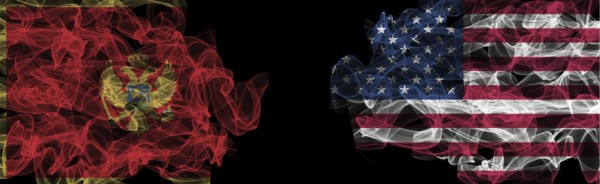 Flags of Montenegro and USA on Black background, Montenegro vs USA Smoke Flags