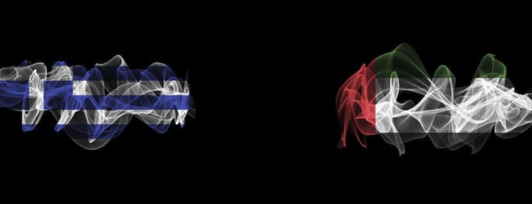 Flags of Greece and UAE on Black background, Greece vs United Arab Emirates Smoke Flags
